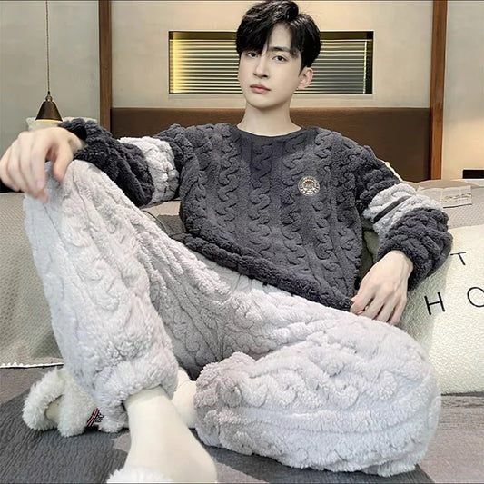 Thickened Warm Plus Size Men’s Pajamas, Autumn and Winter Nightwear.