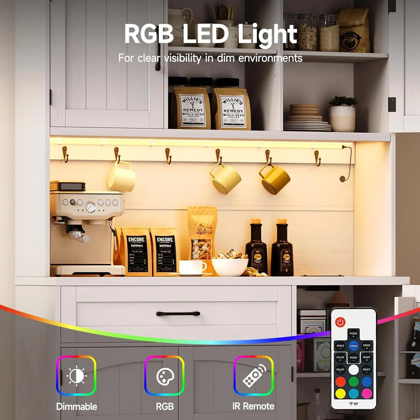 71" Kitchen Pantry Cabinet w/ LED Light & Outlet - Hutch w/Microwave Shelf, 6 Hooks, Door Storage, Drawer & Shelves.