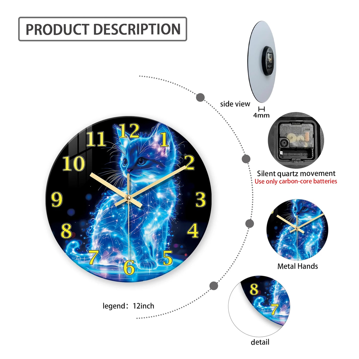 A Unique Neon Cat Tempered Glass Wall Clock, 12-24inch Round Cat-Themed Silent Clocks Powered by Batteries.(Battery not included)