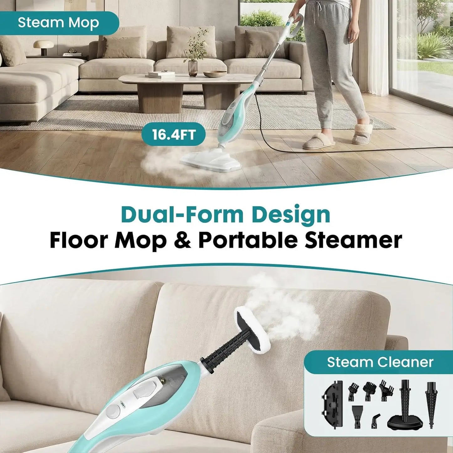 Steam Mop Cleaner, 1550W Detachable Handheld for Floors, Carpet, Tile, Windows - 16.4FT Cord & Washable Pads.