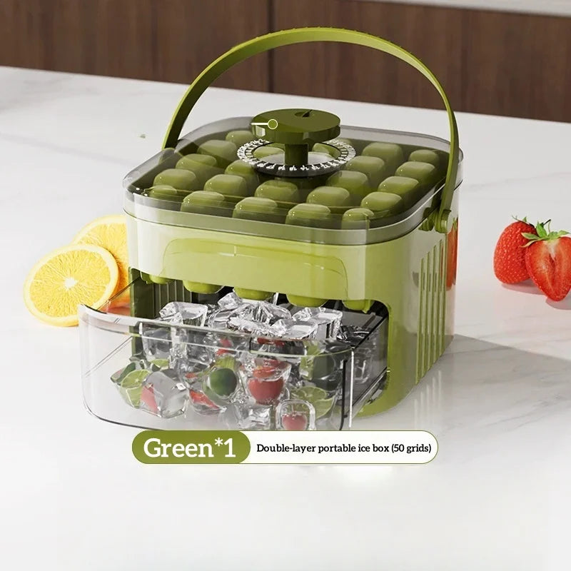 Compact Double Layer Ice Cube Tray with Lid and Bin, Pull-Out Ice Drawer with Portable Handle.