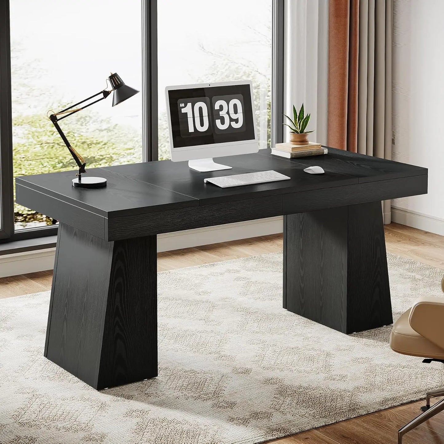 Executive Desk, Modern Home Office Desk with Trapezoid Base, Wood Computer Desk Workstation Small Conference Table.