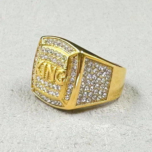 Anillos de rey de hip hop con pedrería completa 316L, de acero inoxidable color oro para hombre.