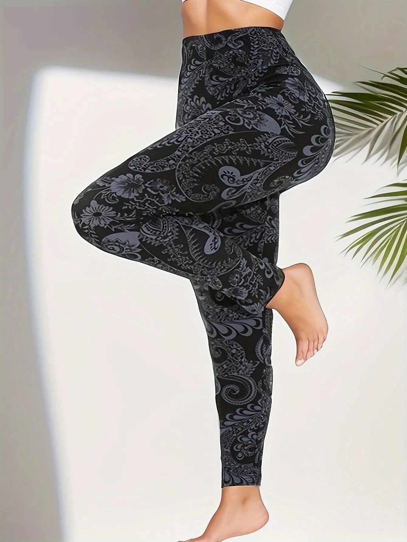 Plus Size Super Elastic Fashion Tight Pants, Black Bottom, Flower Vine pants.