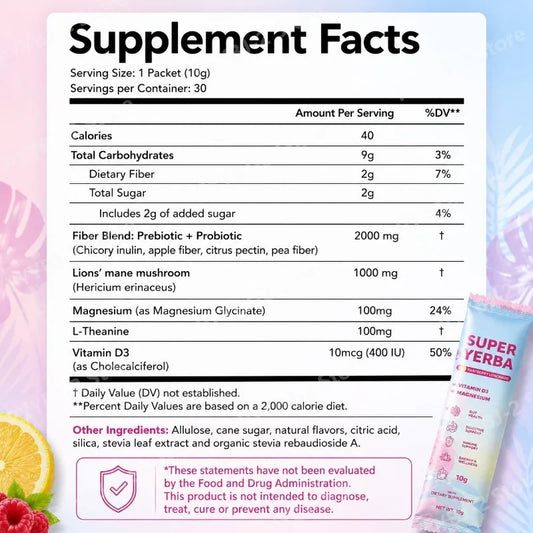 Yerba Instant Powder 30 Packets, Contain Raspberry Lemonade Flavor, Vitamin D3 Prebiotics Support Gut Clean and Provide Energy.