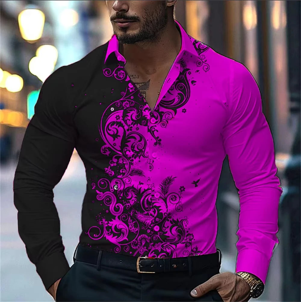 Men Stylish Red Floral Print Dress Shirt - Casual Long Sleeve Button-Up Design.