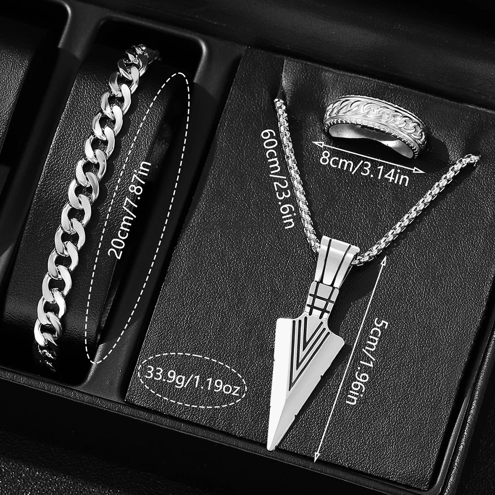 4PCS Silver Men's Fashion Casual Quartz Watch Bracelet Necklace Ring Set.