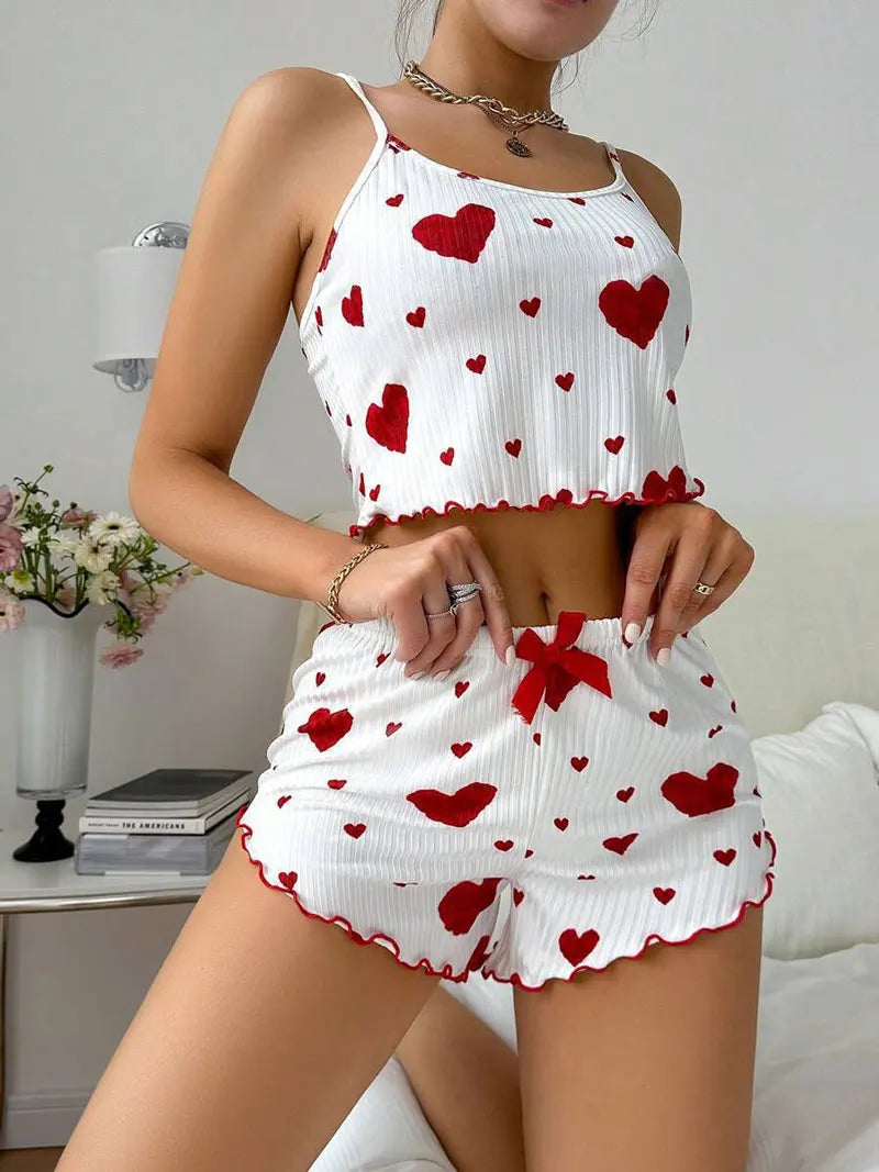 2 Pieces Set Women Pajama Shorts Sexy Camisoles Sleepwear.