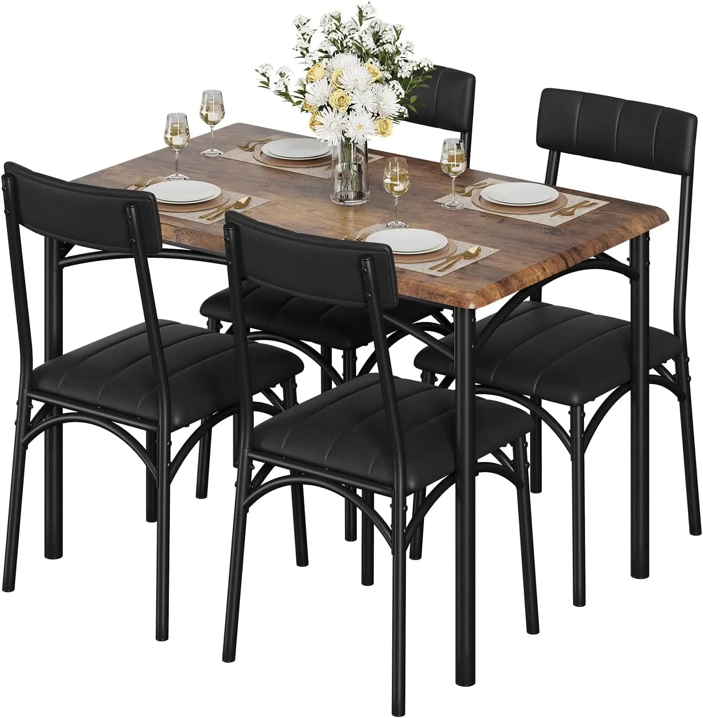 5-Piece Industrial Dining Table Set, Compact Kitchen Table & 4 Padded Chairs, Dining Room Furniture Set for Small Space.