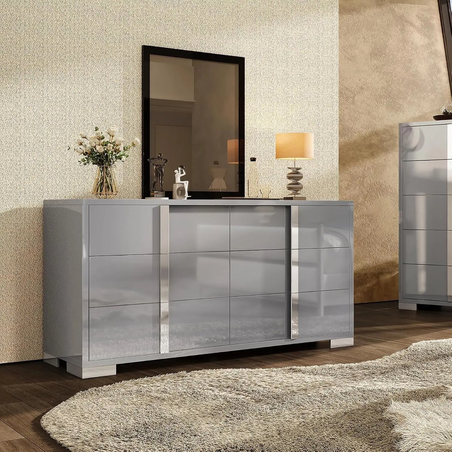 Modern Storage Chest of Drawers with Wide Tabletop, 54" W High Gloss 6 Drawers Dresser with Silver Grooved Handles.