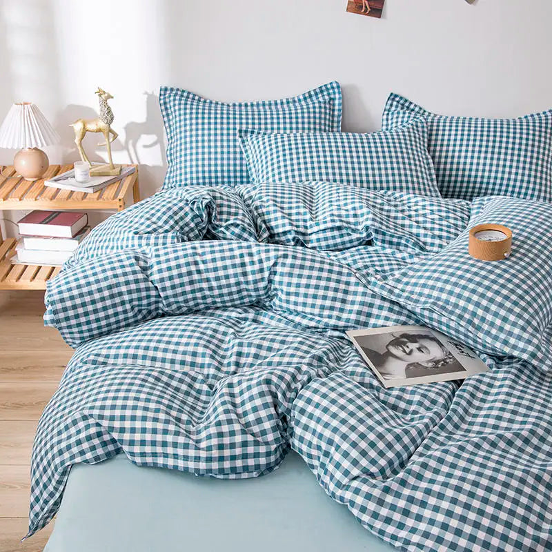 Queen Size Bedding Set, White Color, Black Plaid Microfiber, King Size Bed Linen