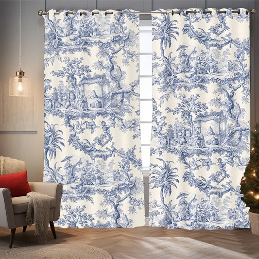 2 Panels Blackout Toile Curtains for Bedroom, 84 Inch Length Drapes.
