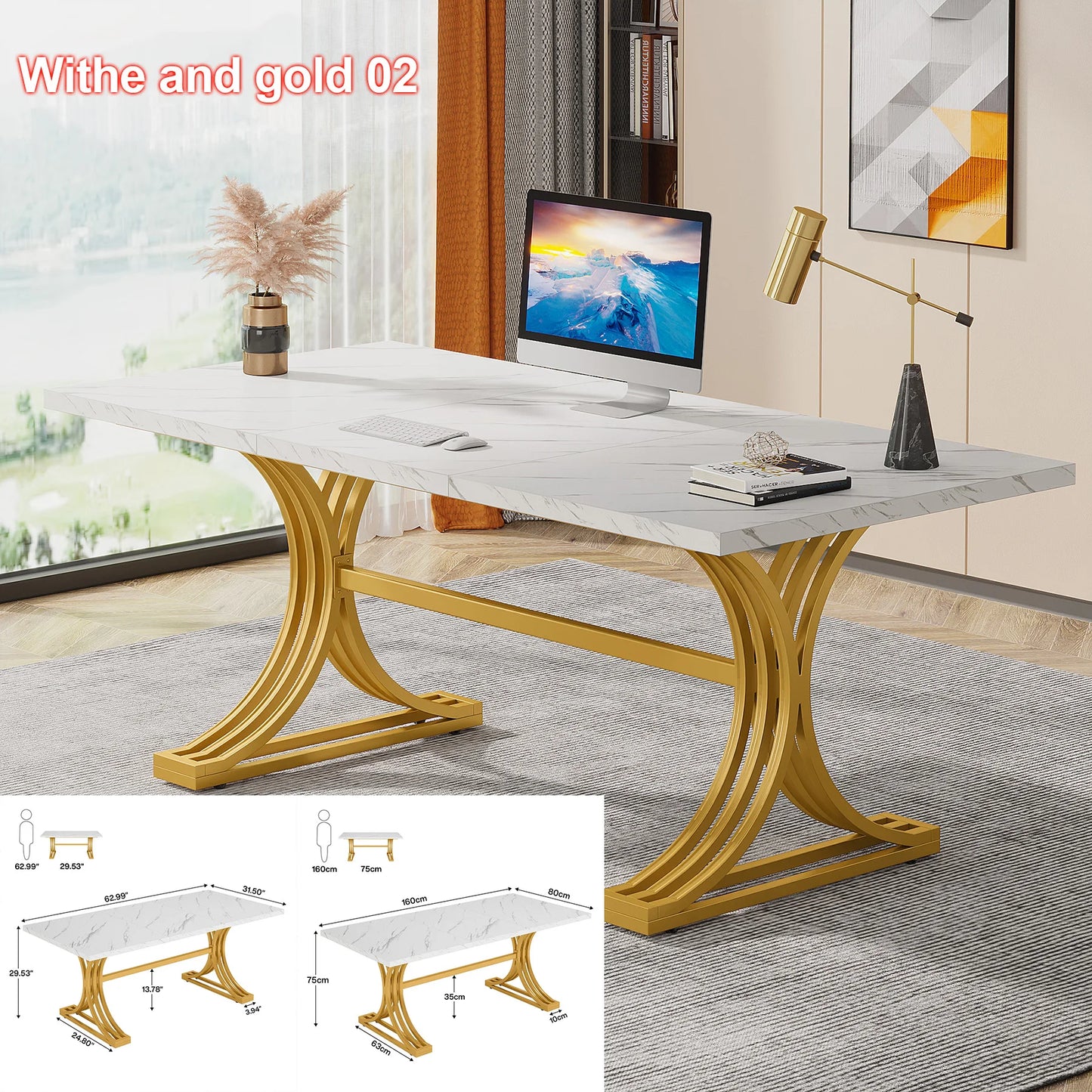 Modern Office Desk, 70.9" Wooden Computer Desk, Executive Desk with Gold Metal Legs, Large Workstation Home Office.
