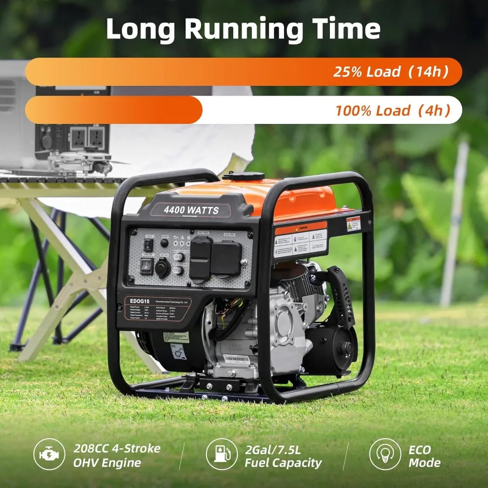 4400W Portable Inverter Generator Gas Powered, Low Noise ECO Mode, RV Ready Home Backup Power Equipment.
