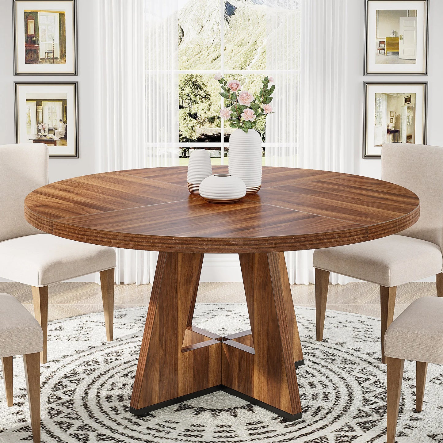 Round Dining Table for 4, 47 Inch Farmhouse Kitchen Table, for Dining Room.