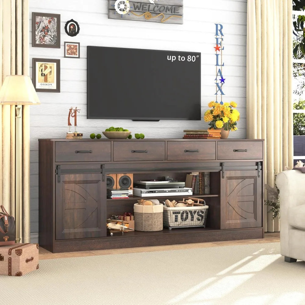 70" Farmhouse Buffet Cabinet with 4 Drawers, Sliding Doors, Storage for Living Room, Kitchen, Brown.