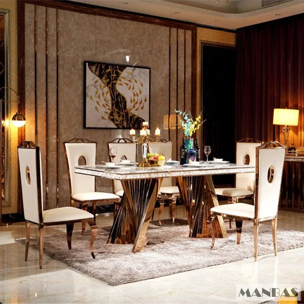 Luxury Dining Set: 6 Stainless Steel Genuine Leather, Rectangle Marble Table