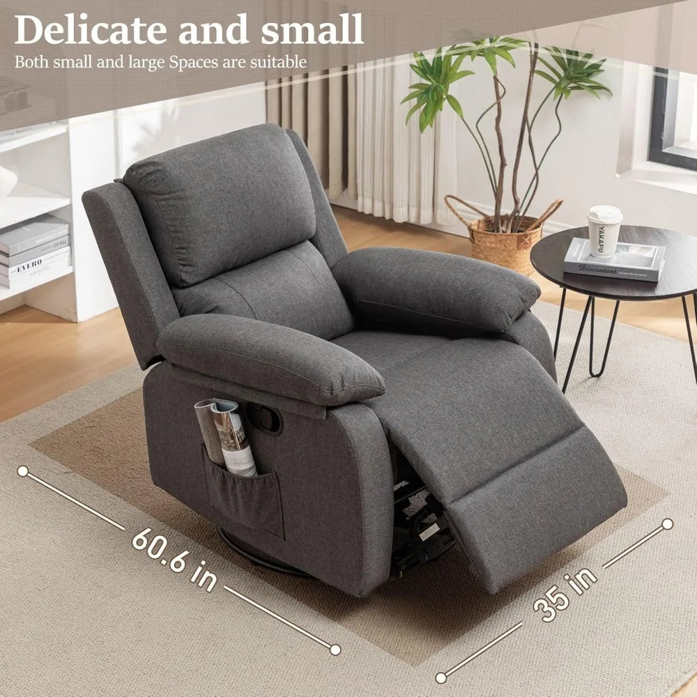 360 Swivel Rocker Recliner Chair for Adults, Glider with Side Pockets.