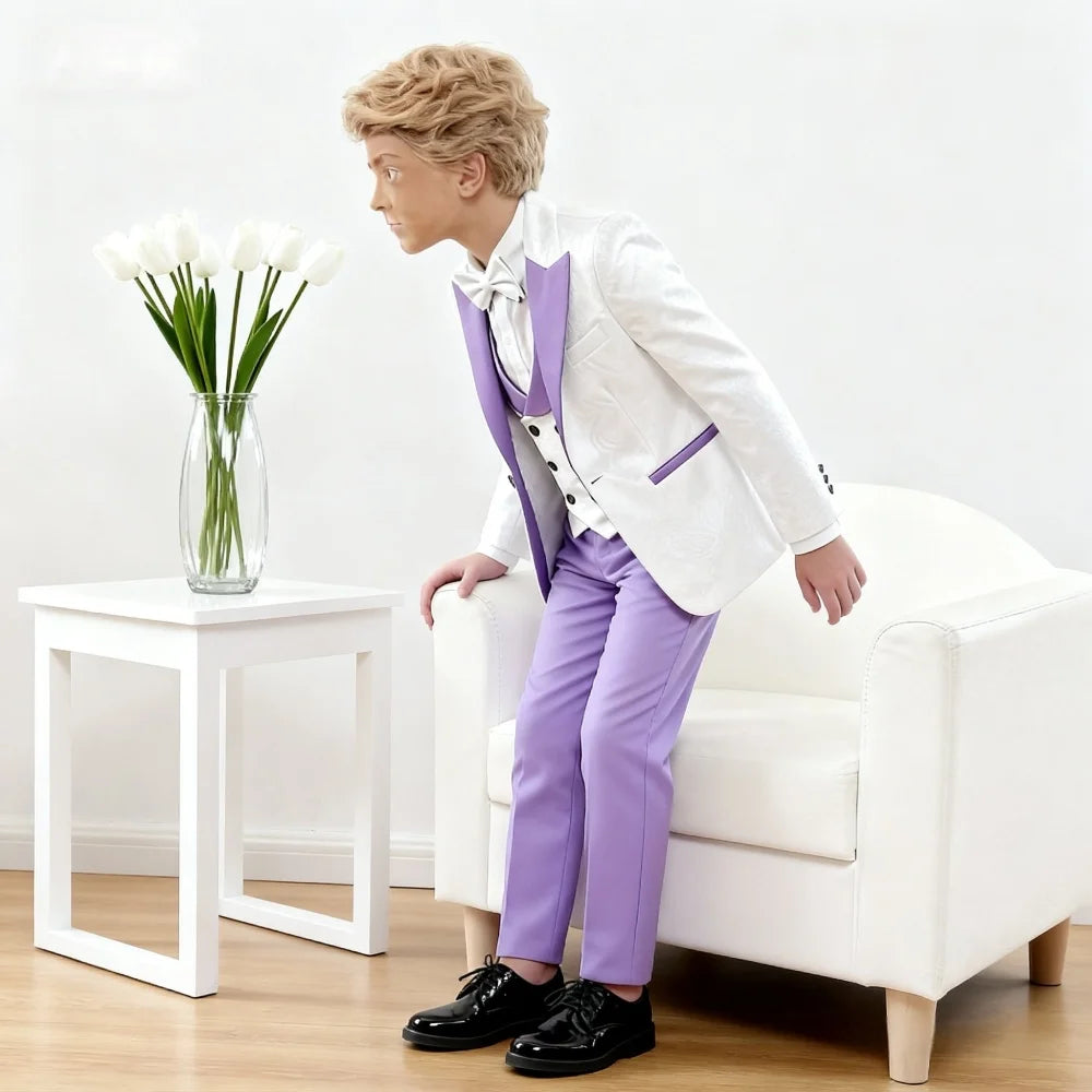 Kids White And Purple Contrast Formal Suit Set, Four Piece Design Elegant Wear For Boys.