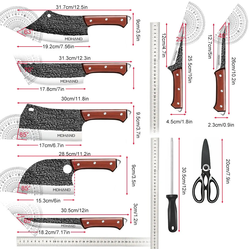 ZENG 14pcs Kitchen Knives Set, Cleaver, Meat Cut, Steak, Fillet Fish Knife ,Butcher Boning ,Hand Forged Blade with Sharpener.