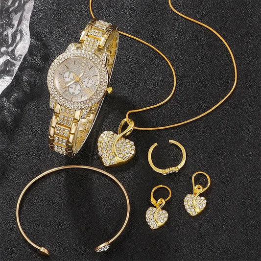 Women's Quartz Watch Gold Women Ring Necklace Earring Jewelry Set.