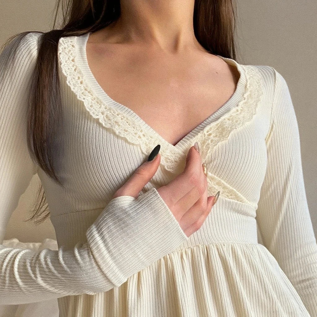 Lace Trimmed Wrap Blouse, Club Street Style Hot Sale S M L