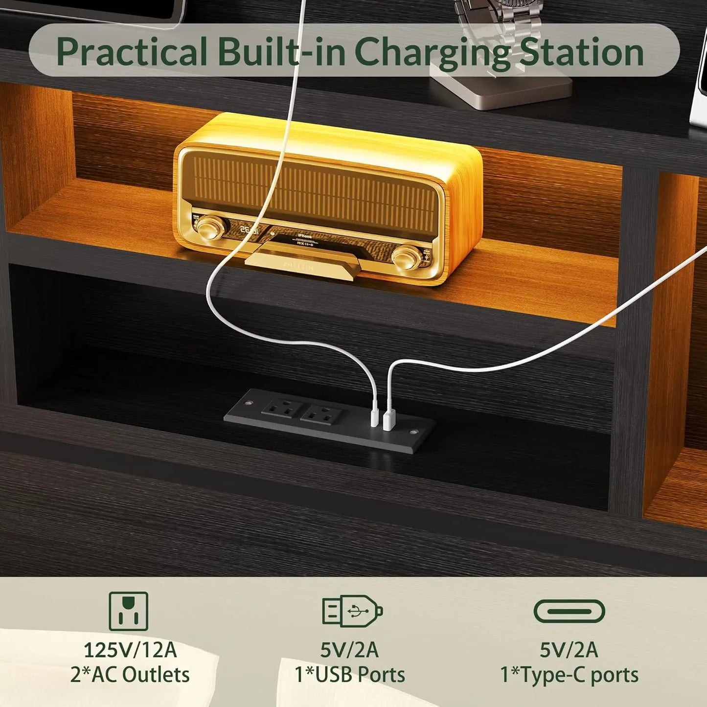 Queen Size Wooden Bed Frame with 6 Drawers, Headboard, LED Lights & Charging Station, No Box Spring Needed, Black.