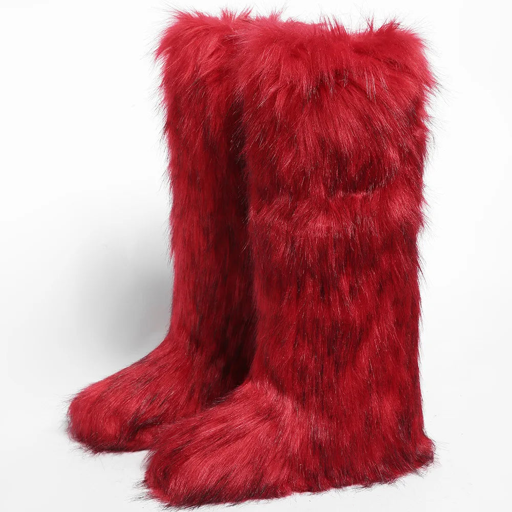 Long High Faux Fur Boots Women Big Size Winter Over Knee Leather Boots.