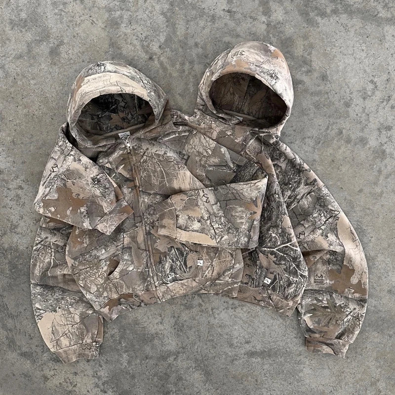 2 Pcs Outerwear Co-ords,Y2K Retro Camo Men Zipper Hoodie Camouflage Streetwear, Hip Hop Unisex Oversized Sweatshirt Sets.