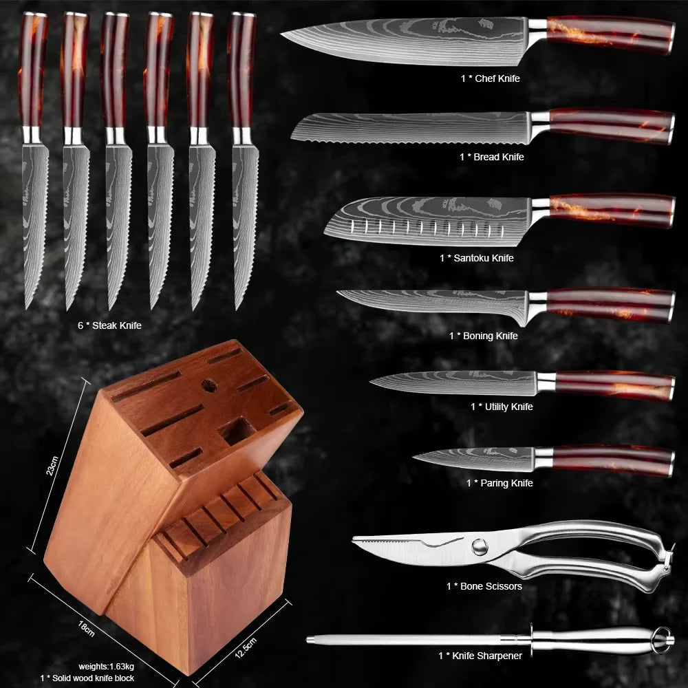 Knife Set 15-Piece Kitchen Set With Wooden Block, Laser Damascus Pattern Steel, Pro Chef ,With Scissor Sharpening Rod.