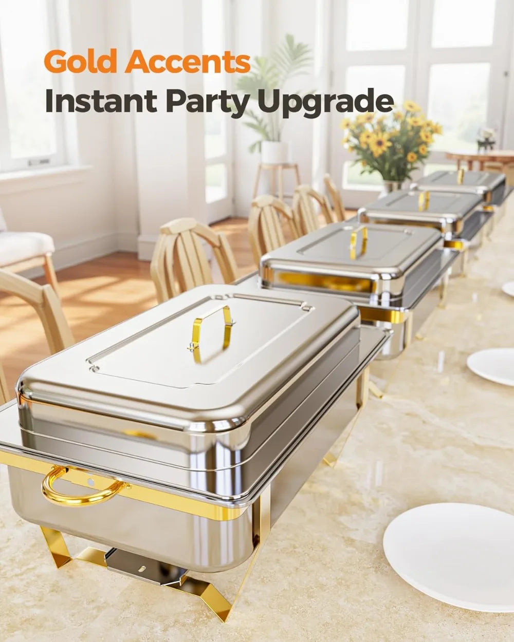 4 Pack 7 Pans Chafing Dish Buffet Set, 9QT Stainless Steel Food Warmers for Parties Events Weddings.