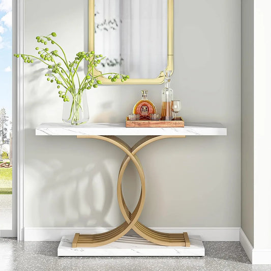 Gold Entryway Table, Modern 39-Inch Console Faux Marble Metal Legs.