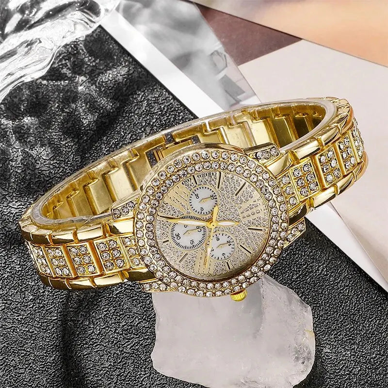 Women's Quartz Watch Gold Women Ring Necklace Earring Jewelry Set.