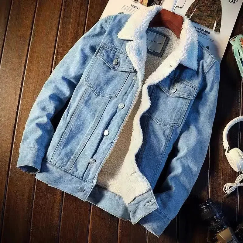 Winter Fleece-lined Thickened Denim Jacket Loose Fit.