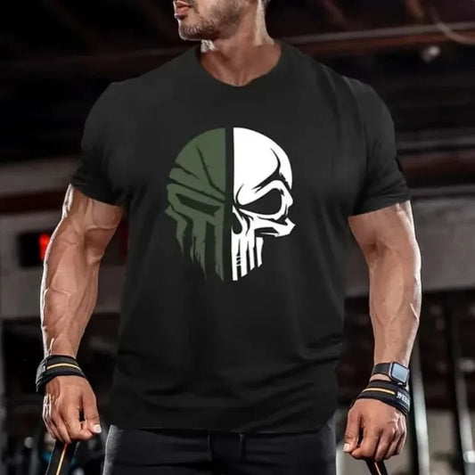 New hot selling men's digital skull print round neck T-shirt.