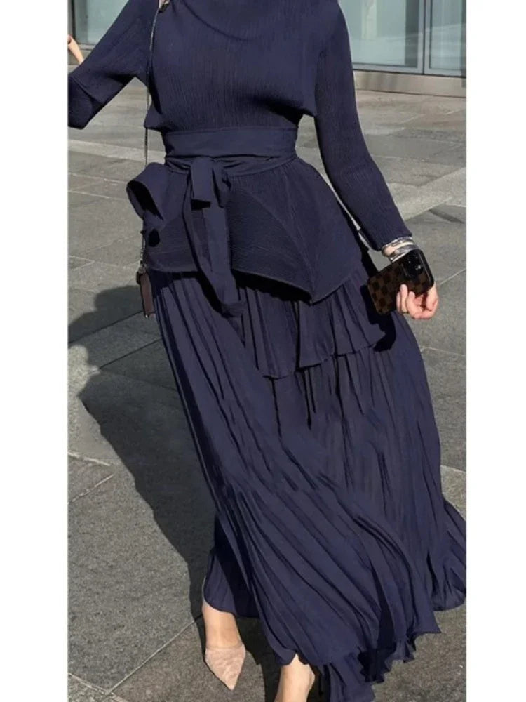 Pleated 2 Piece Set, Women Belt Gathered Waist Tops and Folds A-line Long Skirt Party Set.