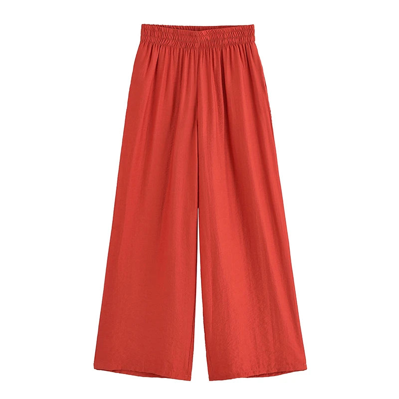 Women Fashion 2 Piece Set Solid Front Zipper Shirts & Vintage High Elastic Waist Trousers Female.