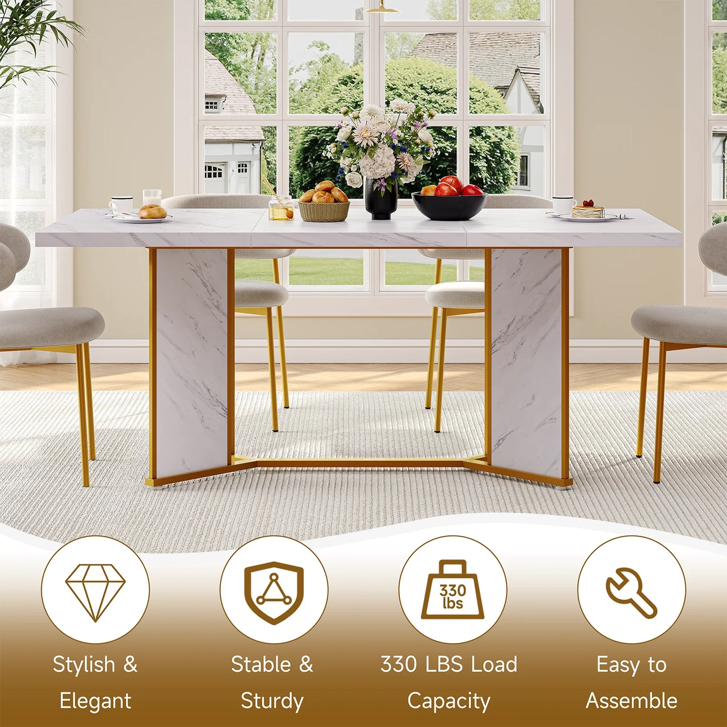 71 Inch Rectangular Dining Table for 6 to 8 People, Marble Kitchen Table Gold.
