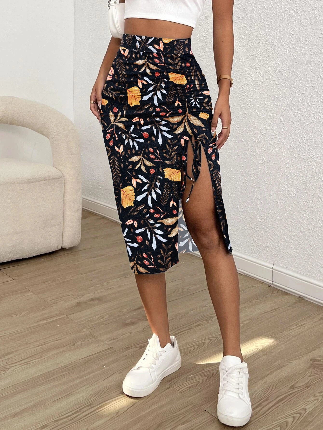 Women Solid Adjustable Drawstring Split Thigh Skirt.