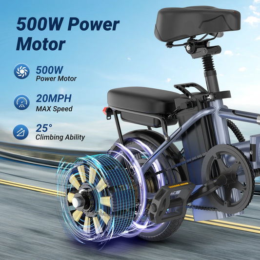 AOVOPRO 14'' EB60 Foldable Electric Bike, 500W 48V 10.4AH Battery, 22MPH Max Speed 28Miles Long Range, with Two Seats for Adult.