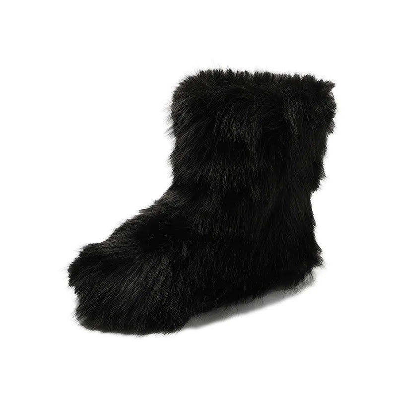 Warm Faux Fur Short Snow Boots Women Outerwear Booties, Black Cotton Lined Winter Thick Bottom Rubber Outsole.