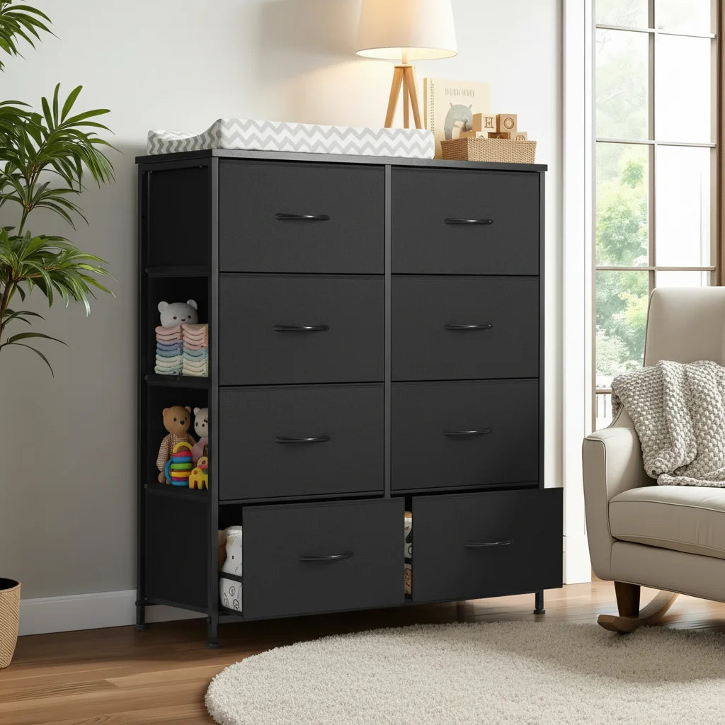 8-Drawer Black Fabric Dresser, 44 Inch Tall Storage Tower for Bedroom.