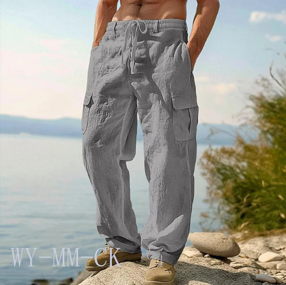 American Men Cotton And Linen Trousers, Multi-pocket Work Pants Loose Sportswear And Casual Trousers.