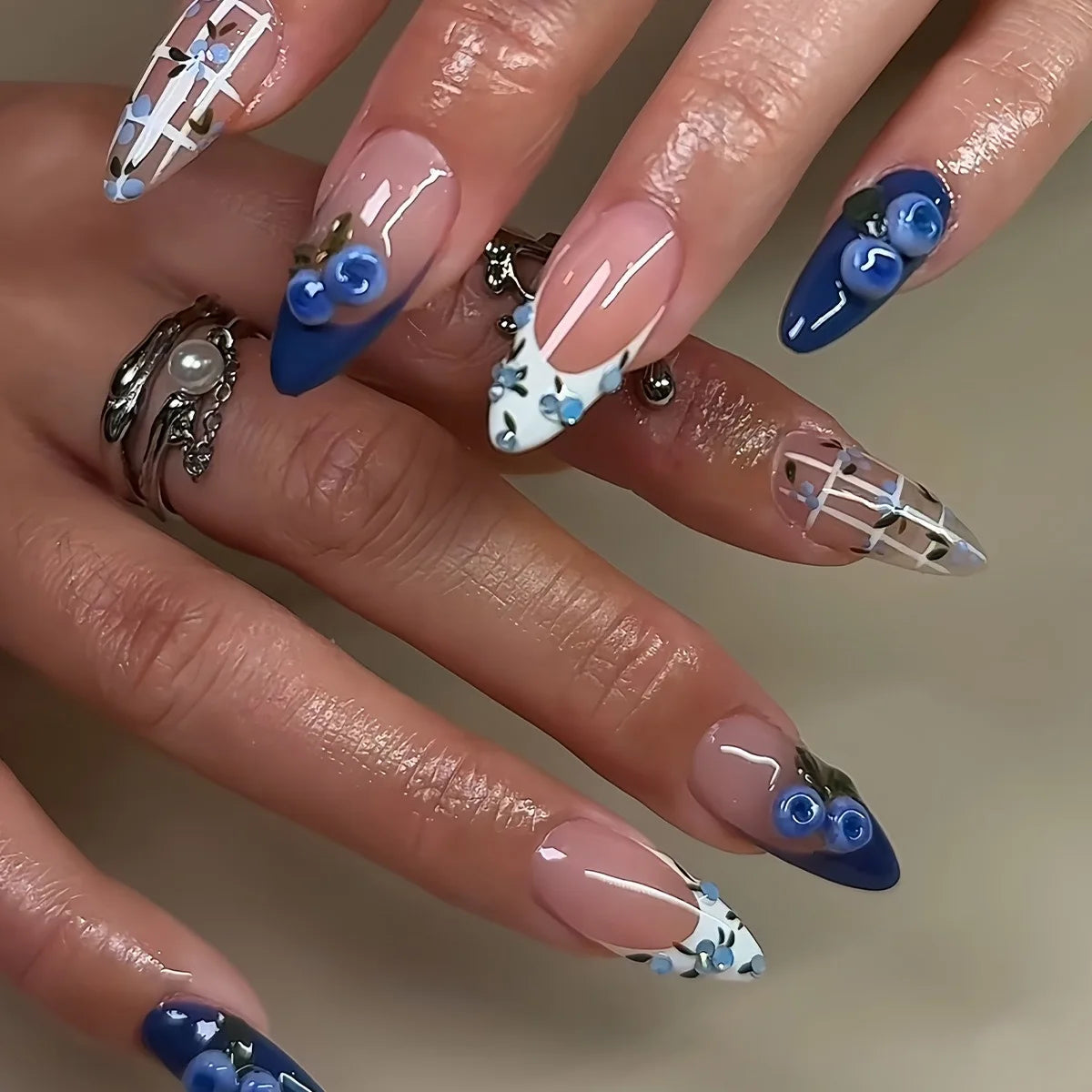 24Pcs Mid-length Almond Press on Fake Nails,3D Ripple Heart ,Pearl Star, Blue Smudge Detachable Full Cover Nails Tips.