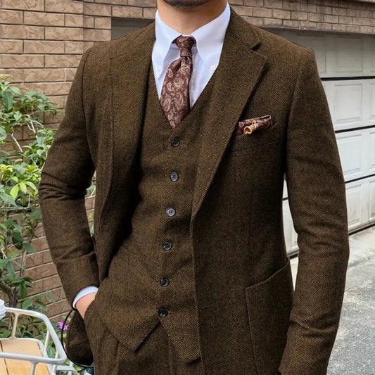Elegante Traje de Hombre de Tweed de 3 Piezas para Banquete Formal, sin Estructura.