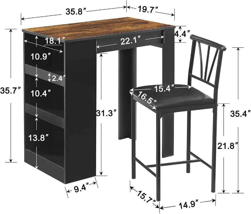 Compact Bar Table and Chairs Set for 2, with Storage Shelves, Space-Saving, Black.