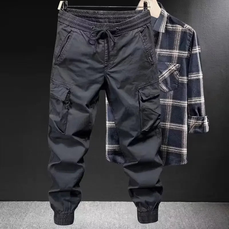 Fashionable Casual Pants Men's Loose-fit Cargo Pants Solid Color Cropped