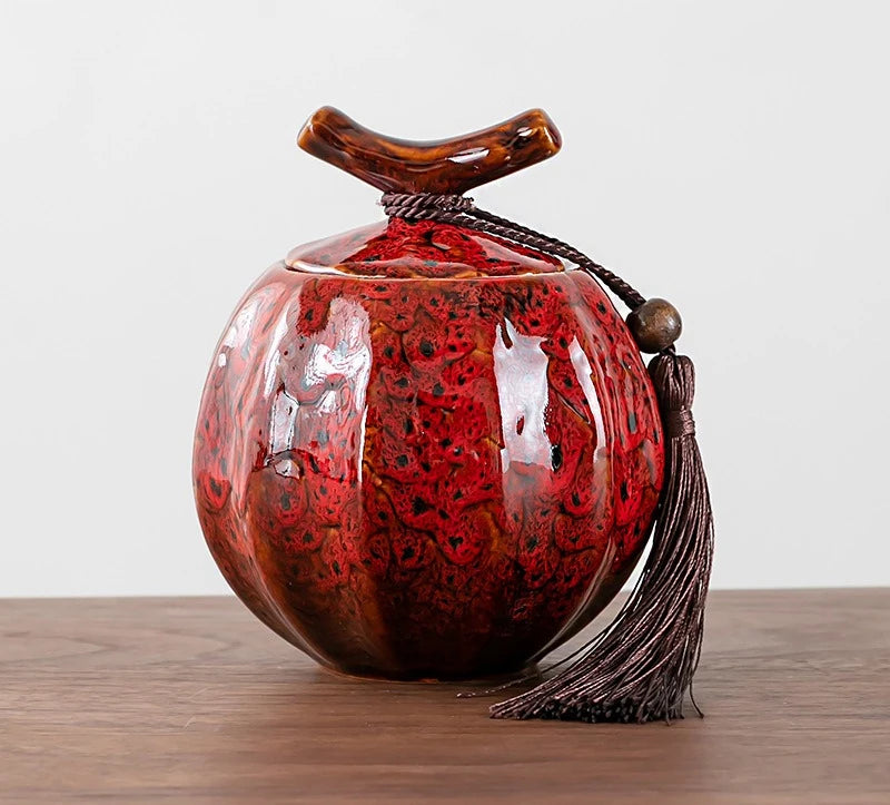 Pumpkin Style Tea Jar Ceramic Tea Barrel Yellow, Green, red Sealed Storage Pot .