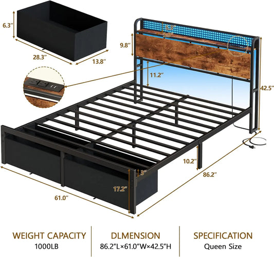 Queen Size Platform Bed Frame with Headboard, 2 Drawers, Charging Station & LED Lights, No Box Spring Needed.