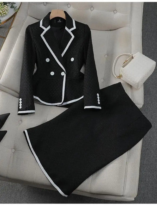 Traje de dos piezas francés para mujer, blanco y negro, faldas midi de cintura alta, blazer corto.
